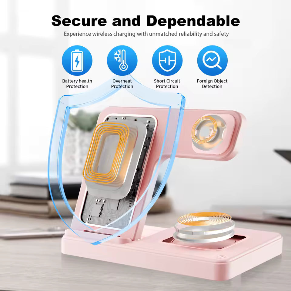 3-in-1 Magnetic Wireless Charger Stand – 15W Fast Charging Dock for iPhone, Apple Watch & AirPods